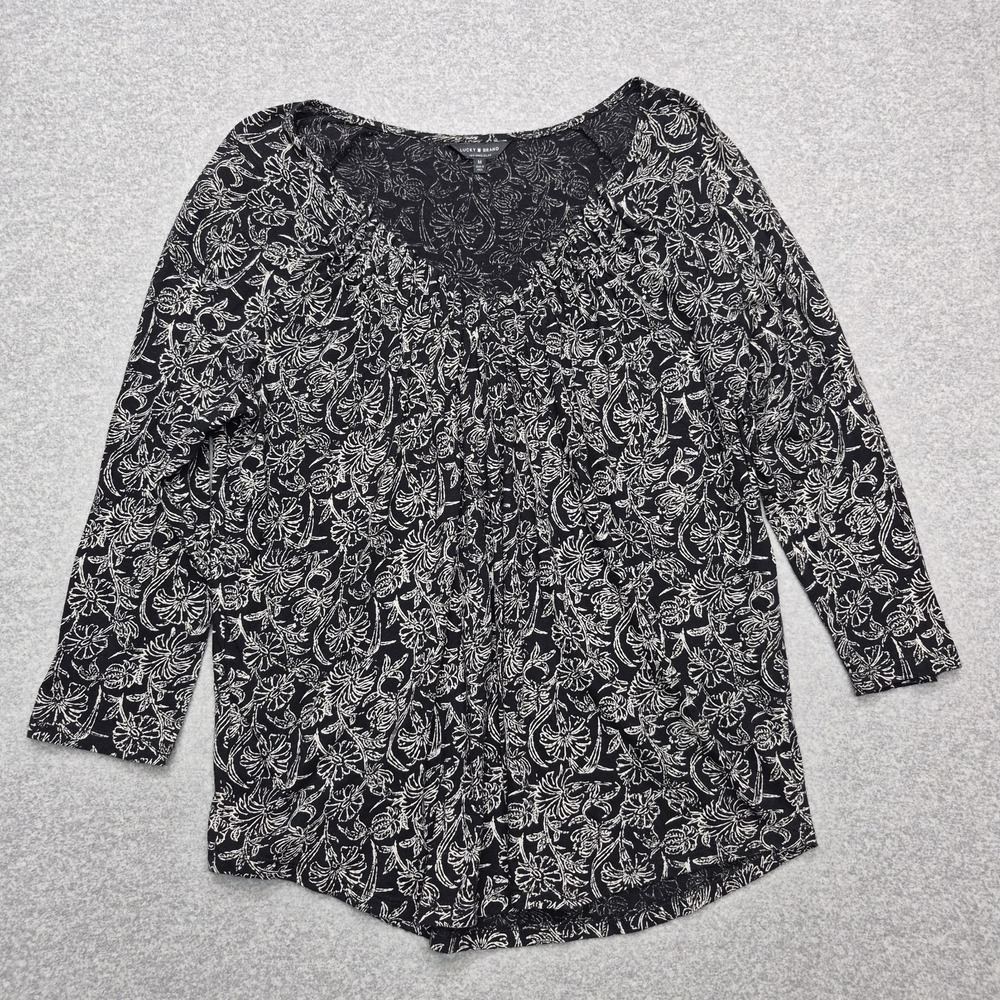 Lucky Brand Top Womens Medium Black Floral 3/4 Sleeve Peasant Boho Lightweight